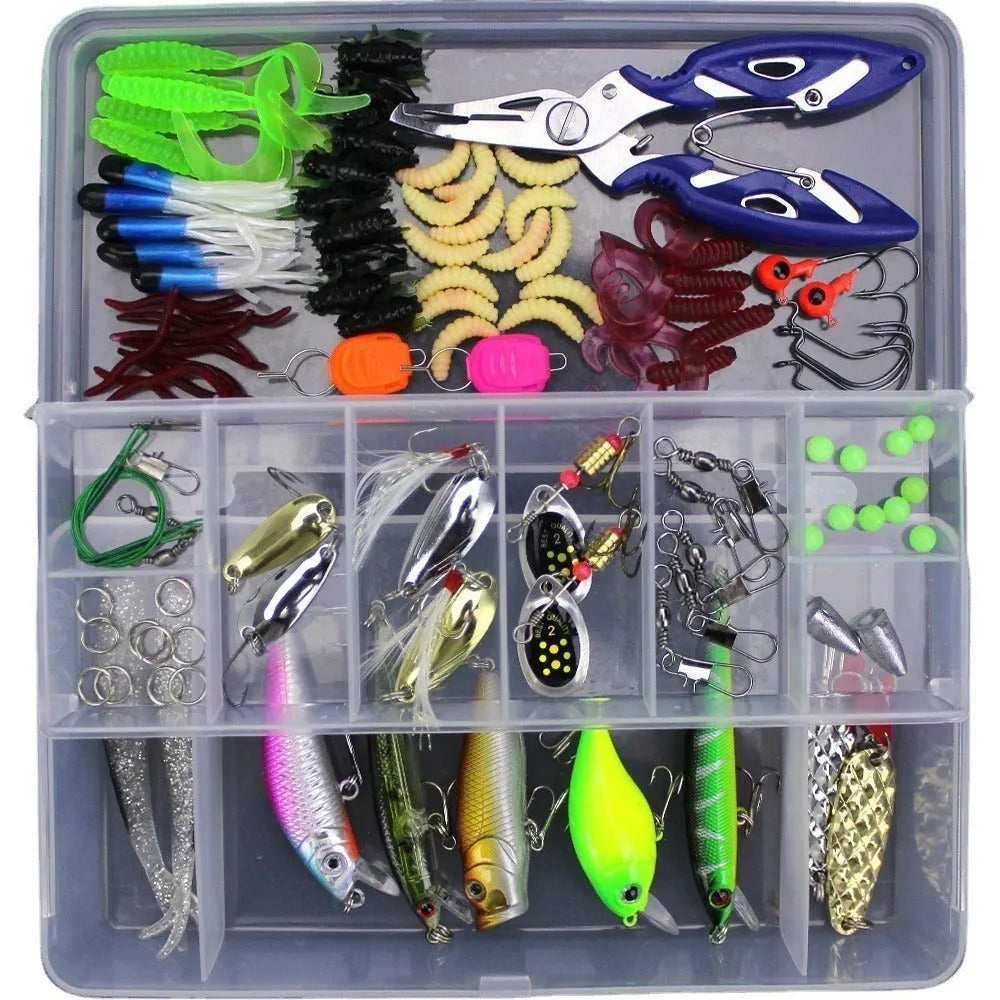 Junior fishing lure suit with PP storage box containing soft plastic baits in 28 to 106 piece size options