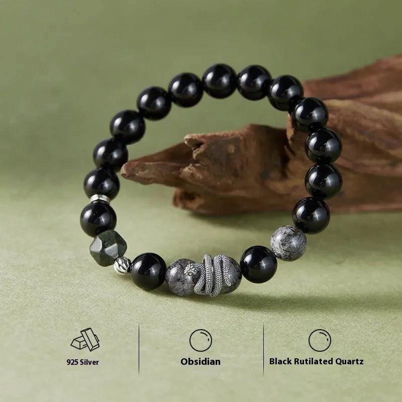 Men's sterling silver bracelet with black obsidian crystal snake charm in retro animal zodiac design