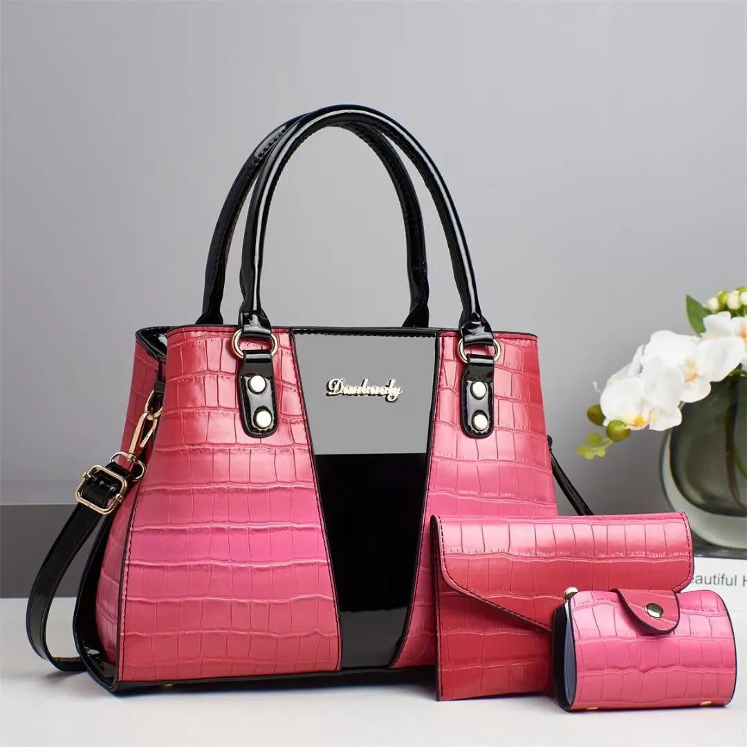 Women's three-piece shoulder bag set with crocodile stitching in multiple colour options