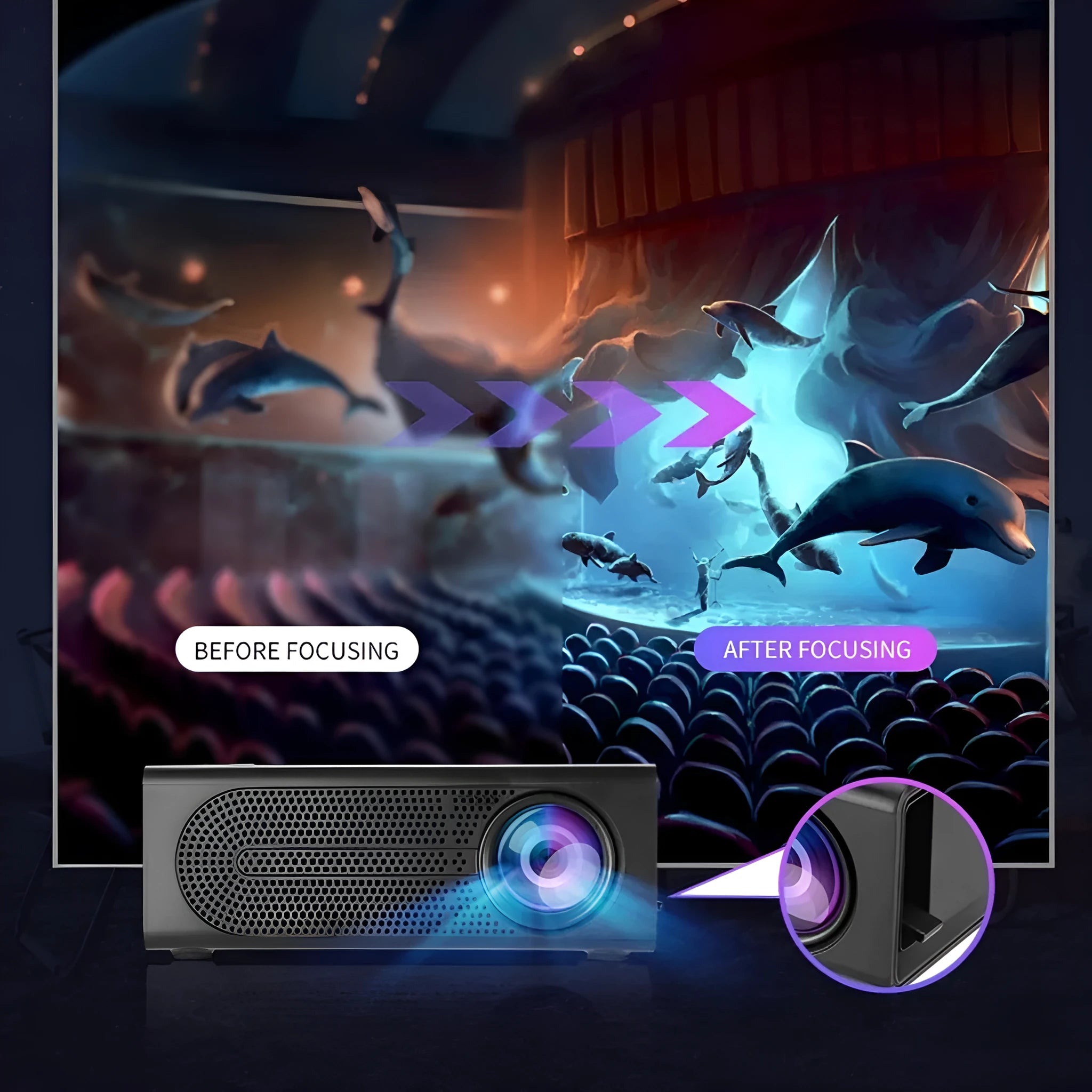 Portable mini projector in black or white with wired mobile phone connection capability