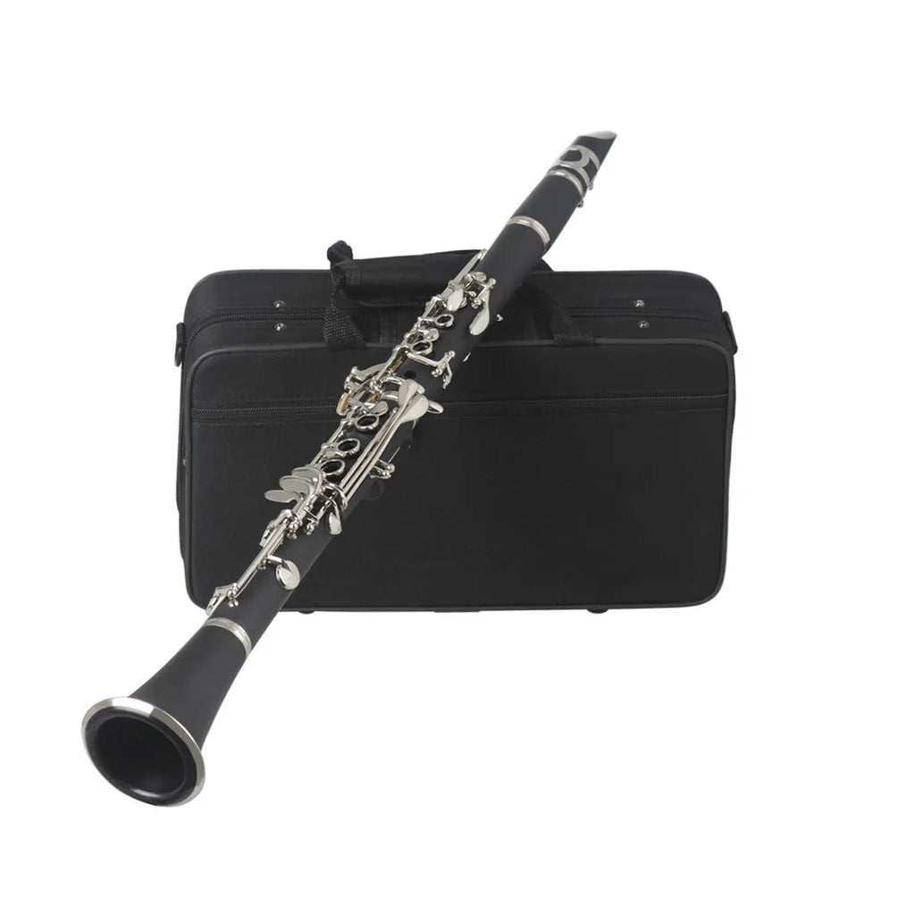 Black Bakelite clarinet with 17 nickel-plated keys shown with its included carrying bag.