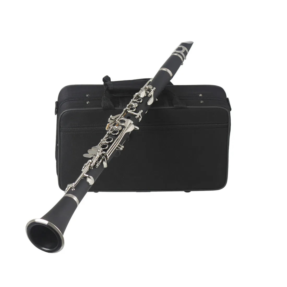 Black Bakelite clarinet with 17 nickel-plated keys shown with its included carrying bag.