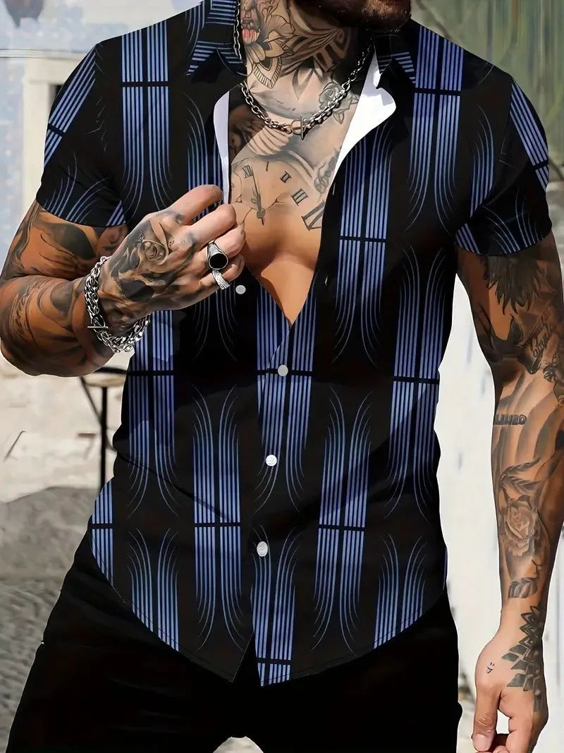 Men's slim fit geometric line print short sleeve lapel shirt in polyester on a mannequin.