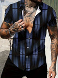 Men's slim fit geometric line print short sleeve lapel shirt in polyester on a mannequin.