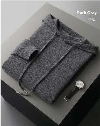 Men's light grey cashmere hooded sweatshirt and matching trousers leisure set on hanger