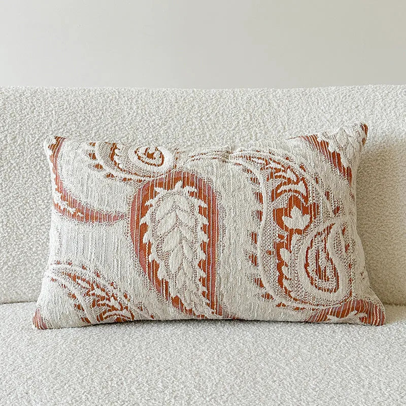 American-style Jacquard sofa backrest cushion with yarn-dyed paisley pattern in amber colour variations