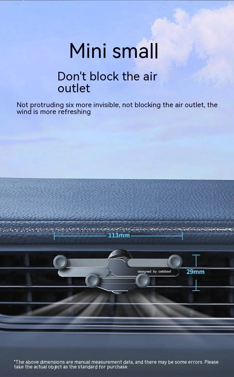 Invisible aluminum alloy car mobile phone holder showing knob air vent clip and adhesive paste mounting options.
