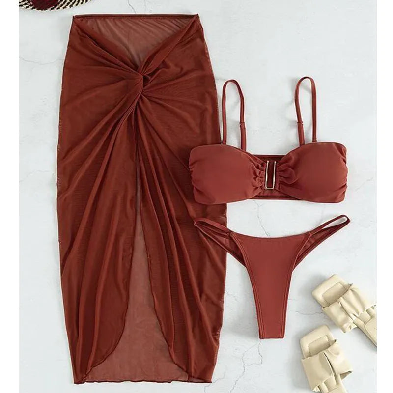 Women's solid colour three-piece bikini set with long culottes skirt, bra, and panties