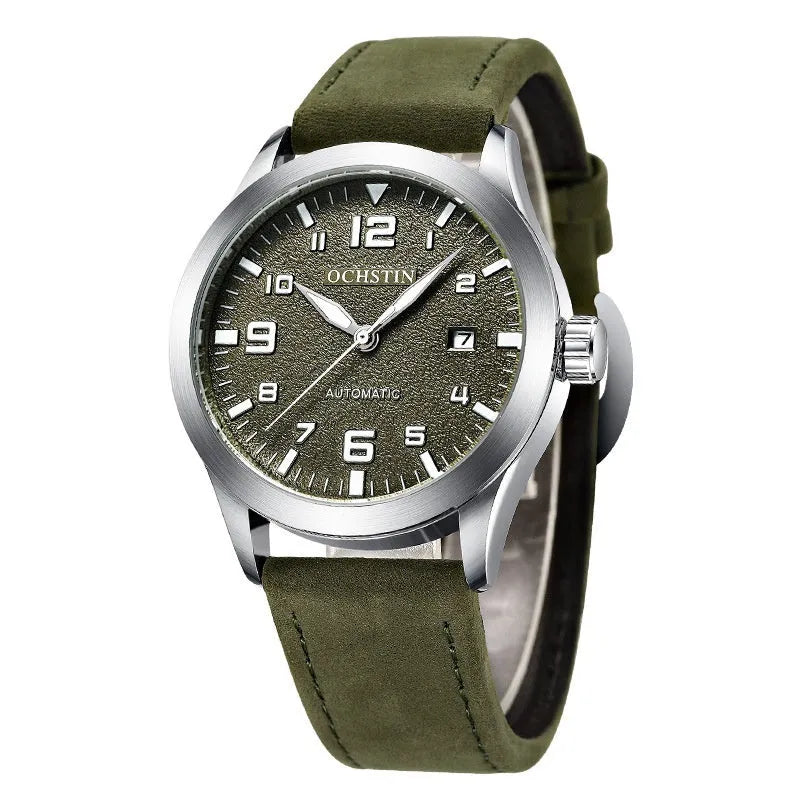 Men's automatic mechanical watch with leather strap and 12mm stainless steel case