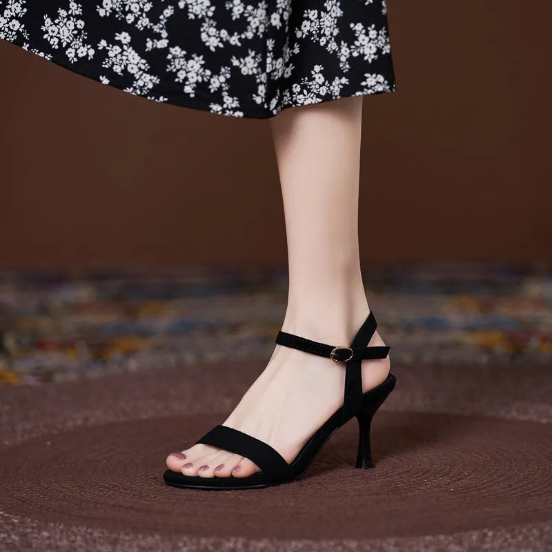 Women's small size suede sandals with 7cm high heel in black, simple strap design