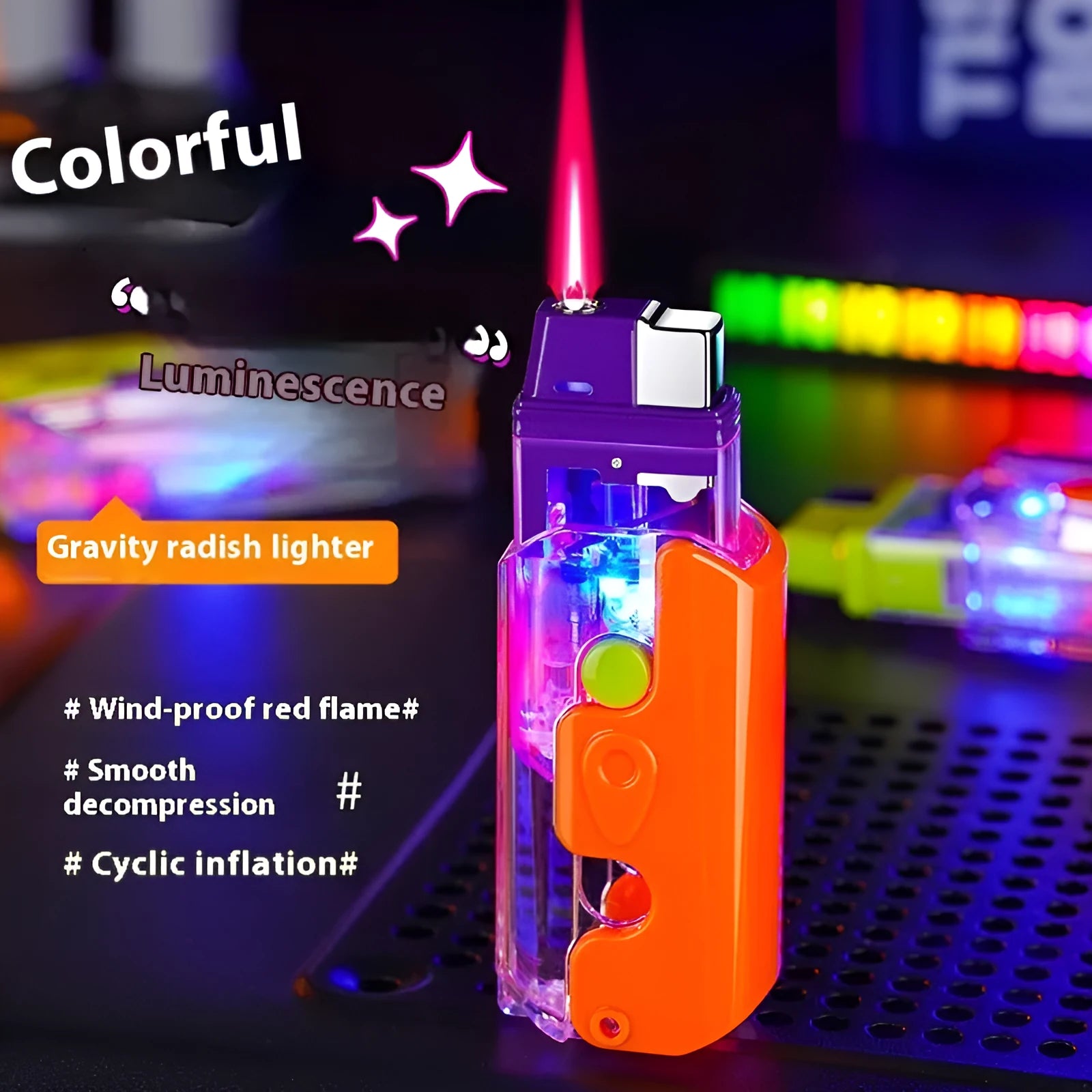 Colourful luminous radish lighter in plastic with wind-resistant flame
