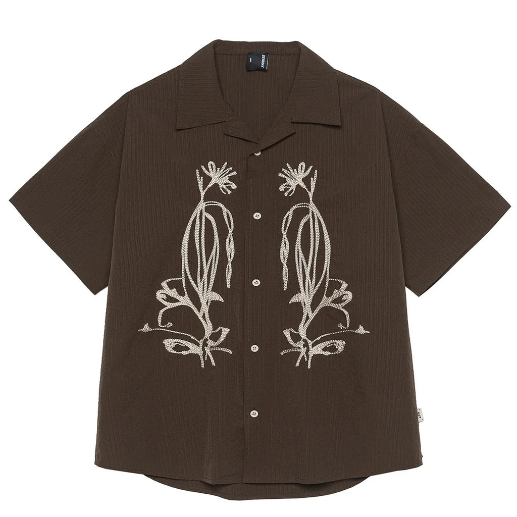 Brown striped men's outdoor shirt with Cuban collar and short sleeves