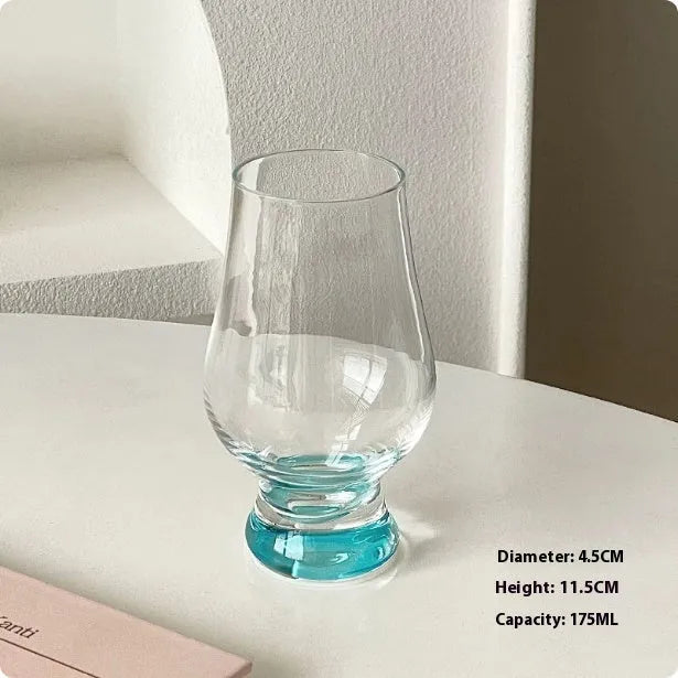 Set of six clear glass drinking vessels with different designs including beer steins and champagne glass