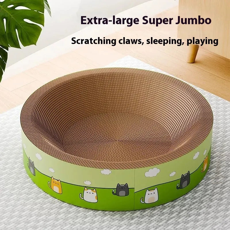 Large round cat scratch board with deep pit texture made from corrugated paper