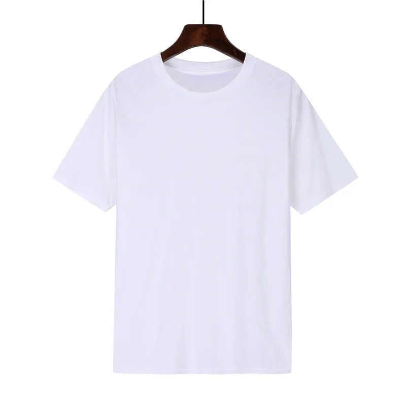 Men's loose fit black cotton t-shirt with short sleeves on a hanger.
