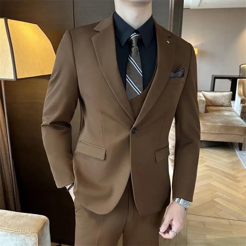 Men's slim fit business formal wear jacket in dark green, brown, and camel colours