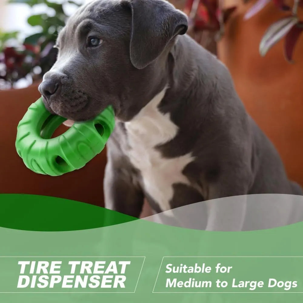 Blue natural rubber tyre-shaped dog chew toy with treat openings for slow feeding