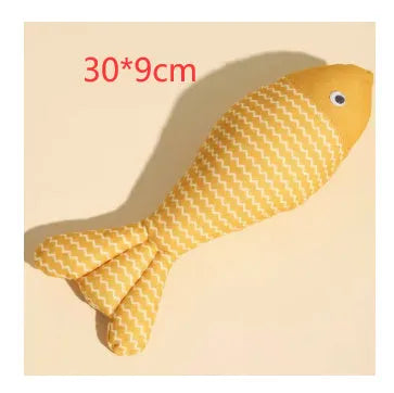 Catnip fish toy in blue, red, or yellow with measured dimensions for feline play