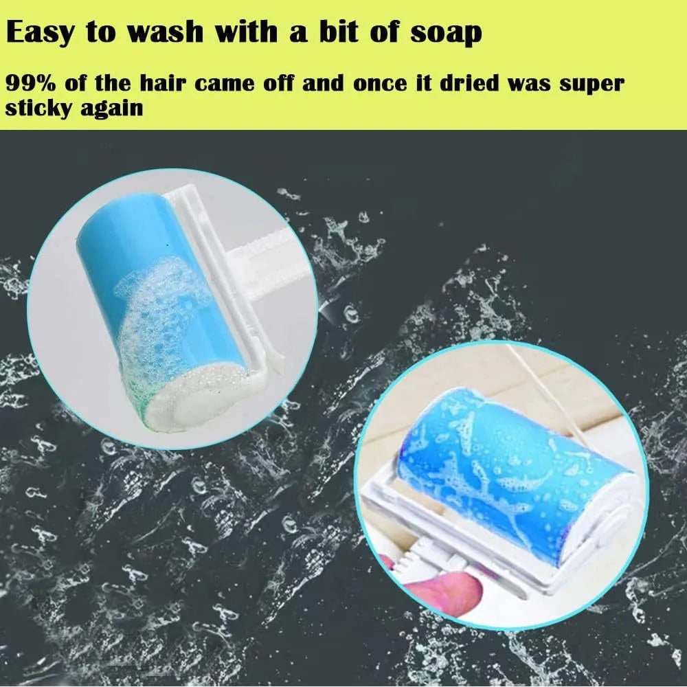 Washable reusable lint roller for pet hair removal with protective cover in blue green pink yellow colours