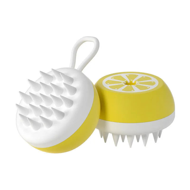 Yellow silicone pet bath brush with massage head and comb functions for dog grooming