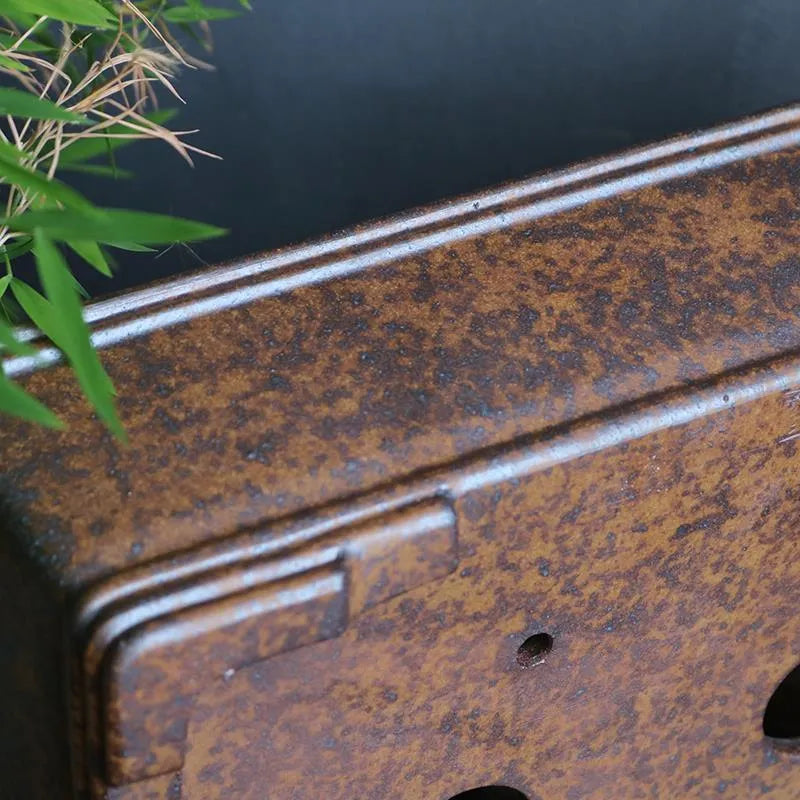 Purple sand rectangular bonsai flowerpot with firewood burning finish shown in two size options