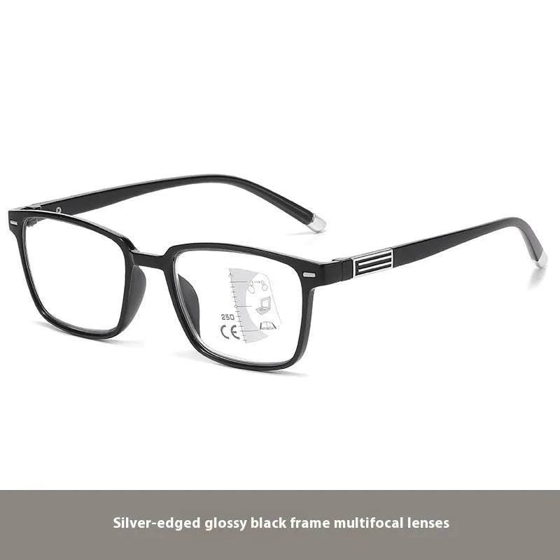 Multifocal reading glasses with photochromic blue light filtering lenses in various frame styles