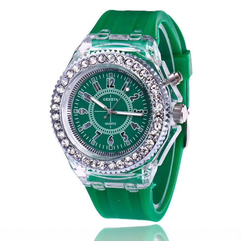 Women's LED luminous quartz watch with round 43mm dial on a silicone strap