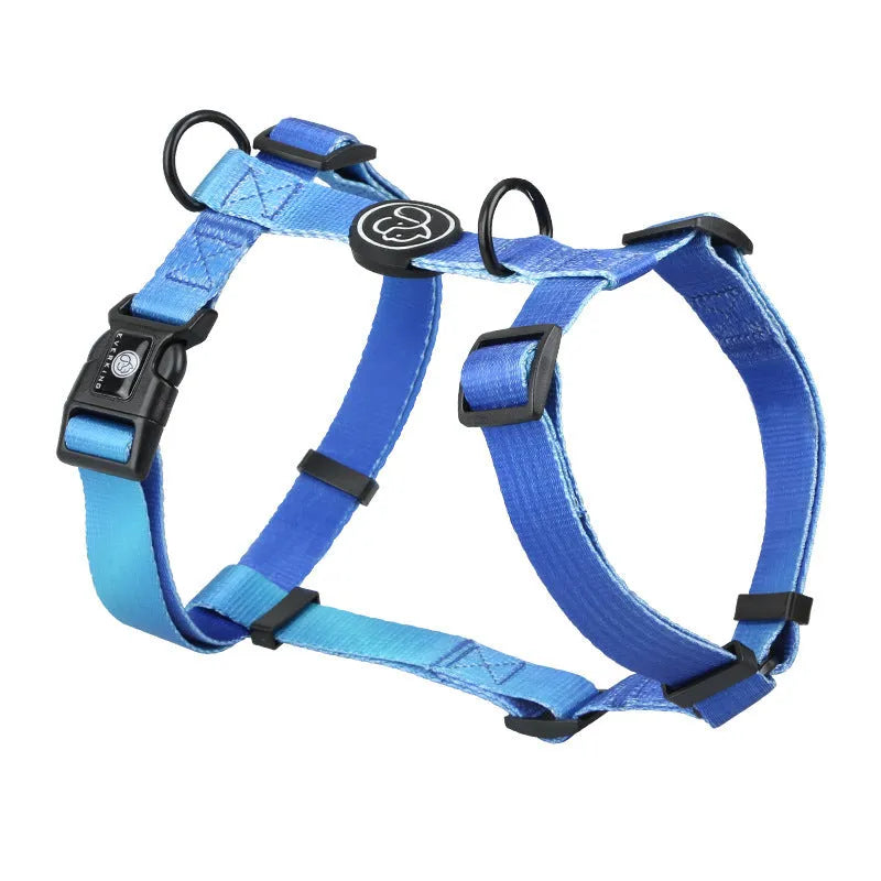 Gradient colour dog harness with chest straps in purple, blue, neon, or green patterns
