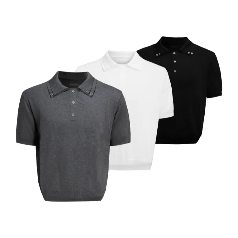 Men's loose fit short sleeve shirt with double lapel collar in polyester knit fabric