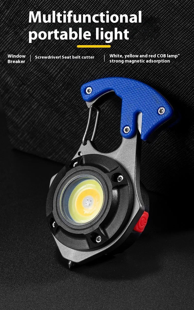 Compact silver and black multifunctional keychain flashlight with keyring, display screen, window breaker, and screwdriver.