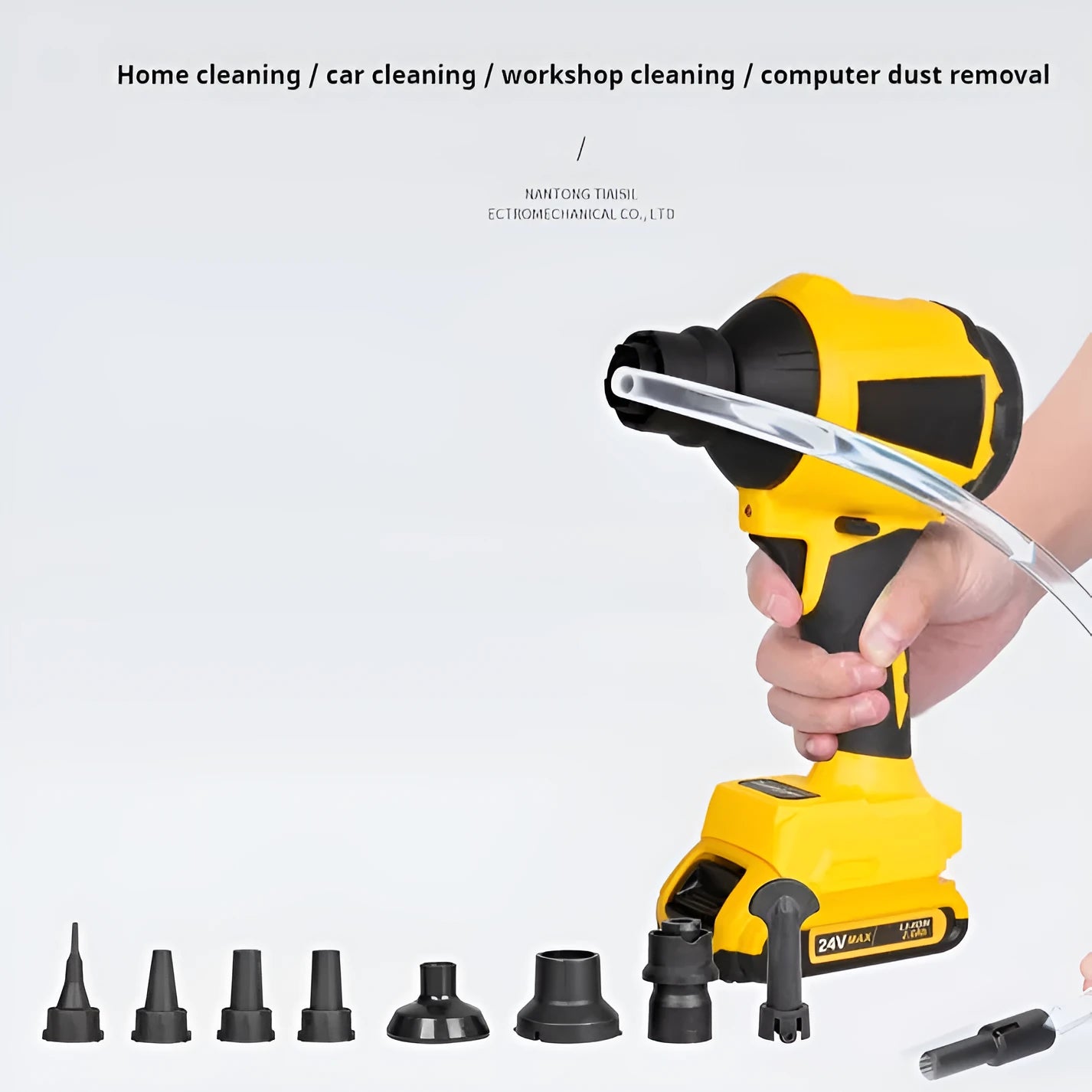 Yellow cordless dust blower gun with 680W power rating and adjustable air volume settings