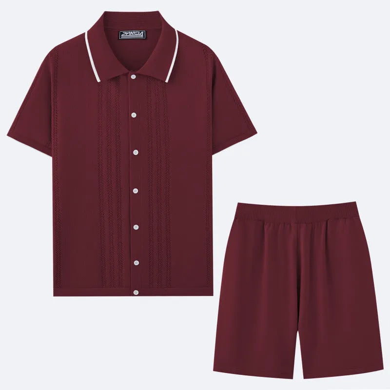 Business casual short sleeve sweater and shorts two-piece set in Tencel fabric, shown in multiple colour options.