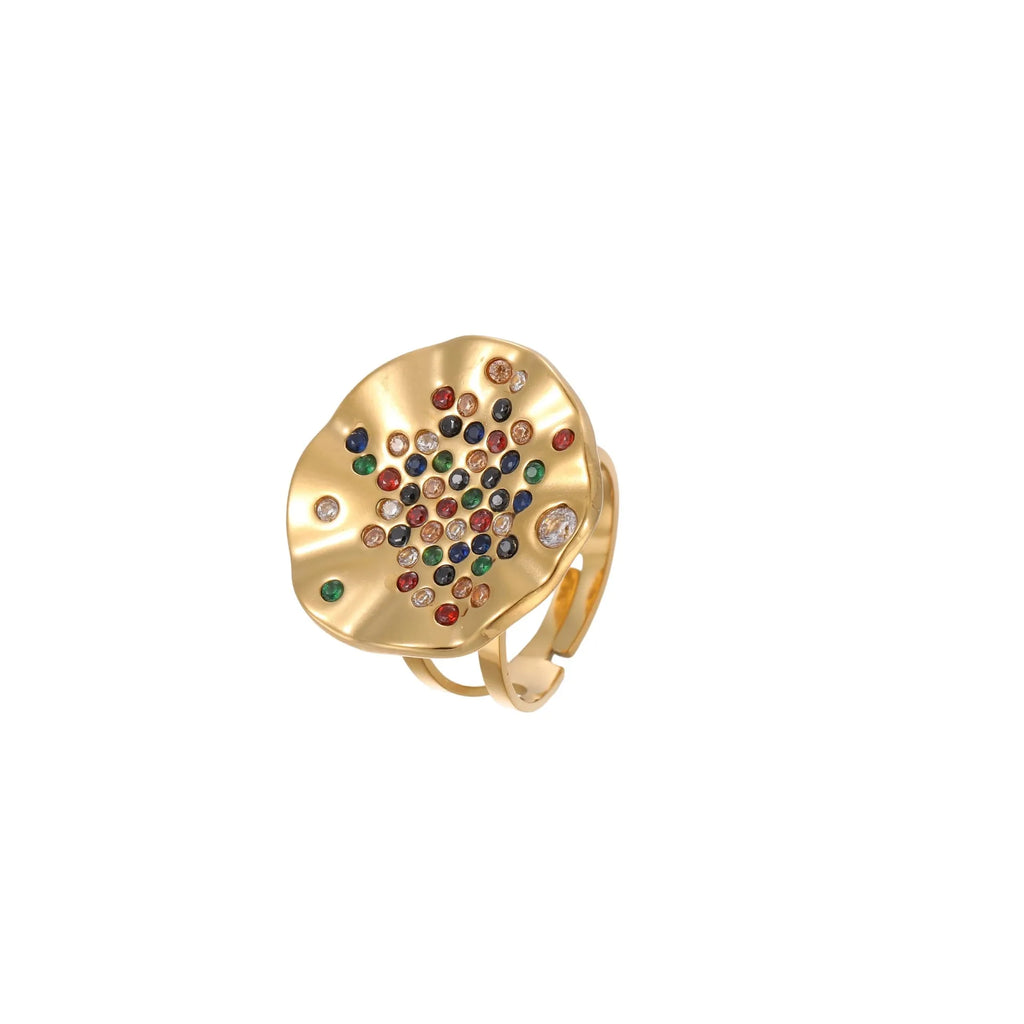 Geometric pleated stainless steel ring with inlaid colour diamonds and open mouth design