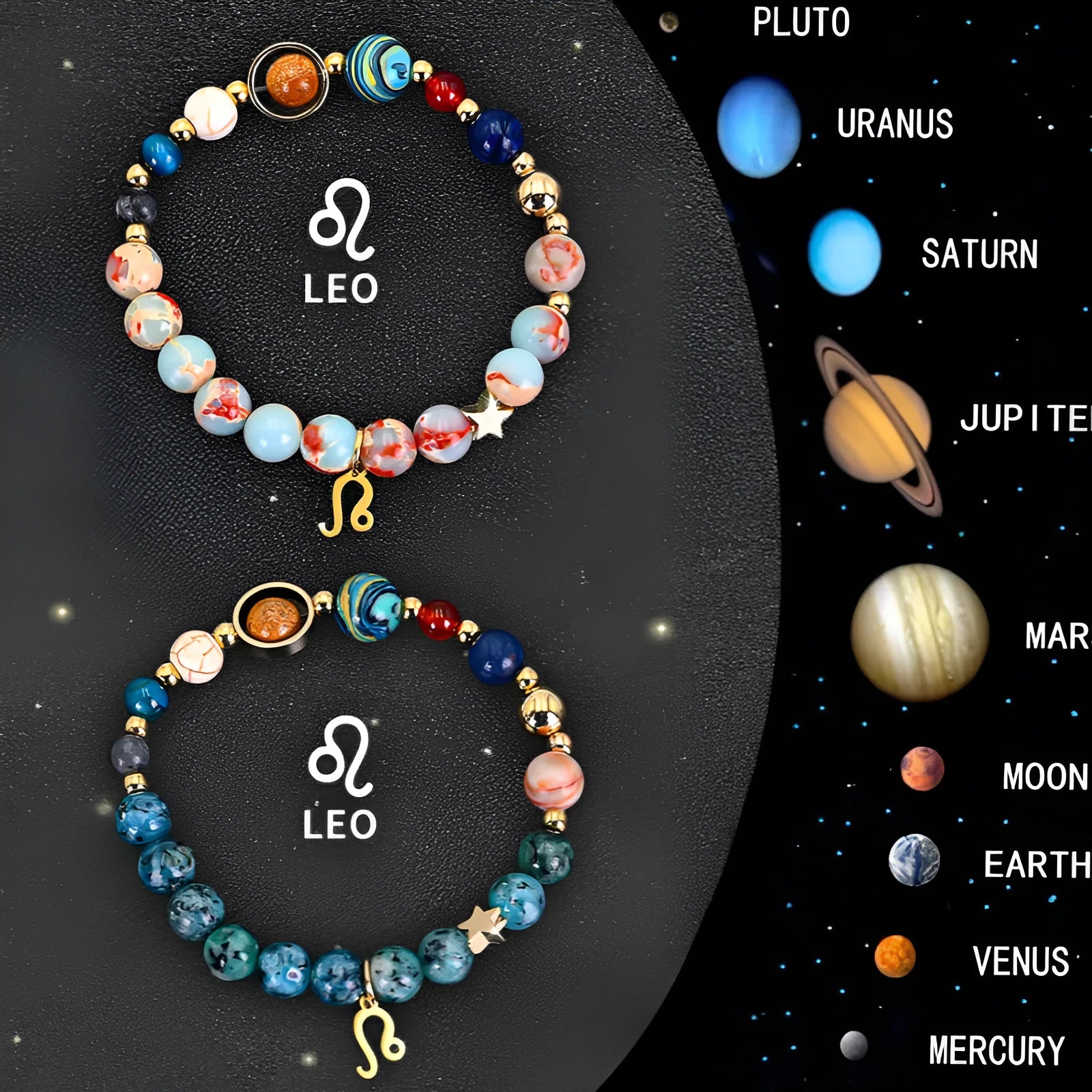 Set of two natural stone beaded bracelets for twelve zodiac signs on a wooden surface.