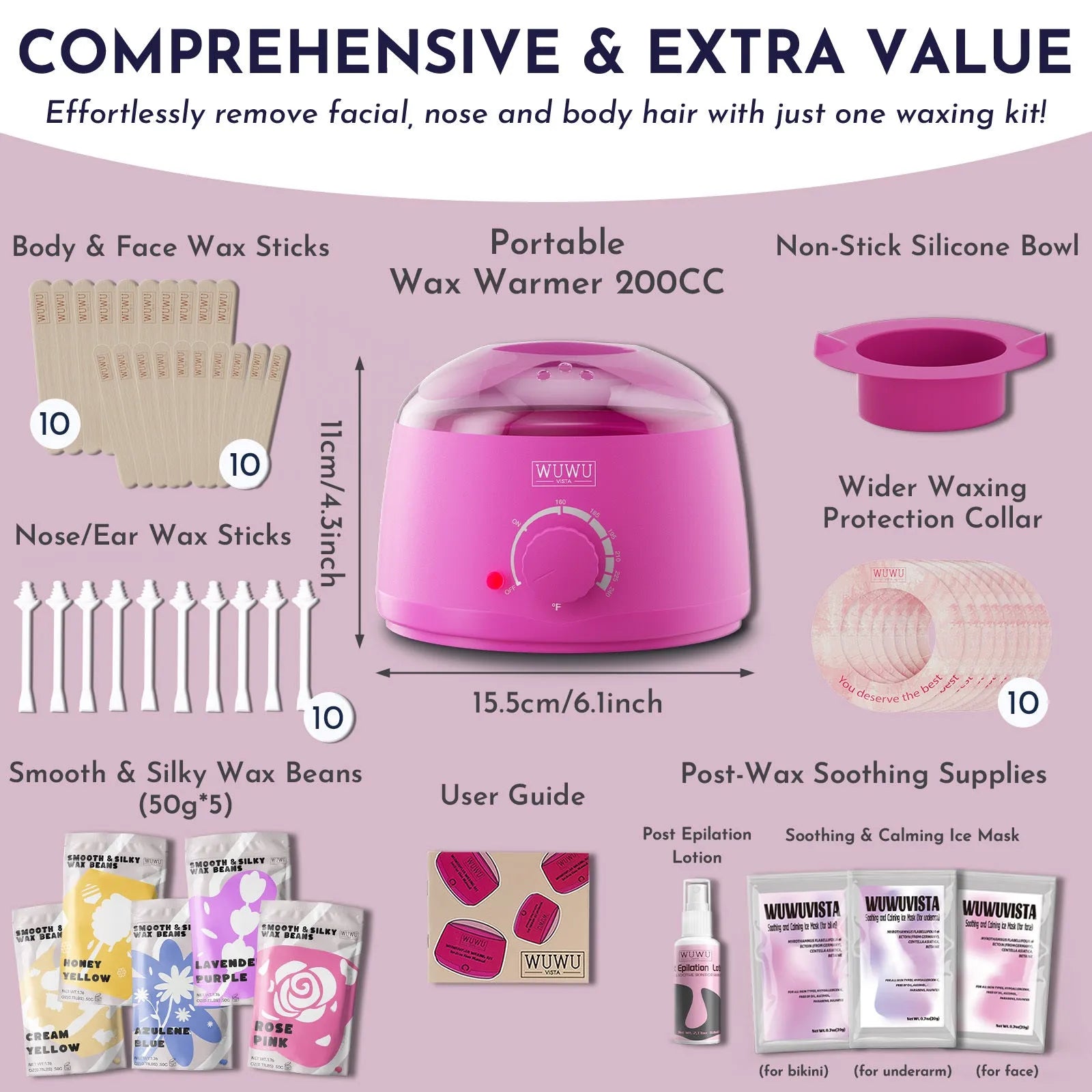 Professional waxing kit with wax warmer, hard wax beans, applicator sticks and aftercare products for sensitive skin