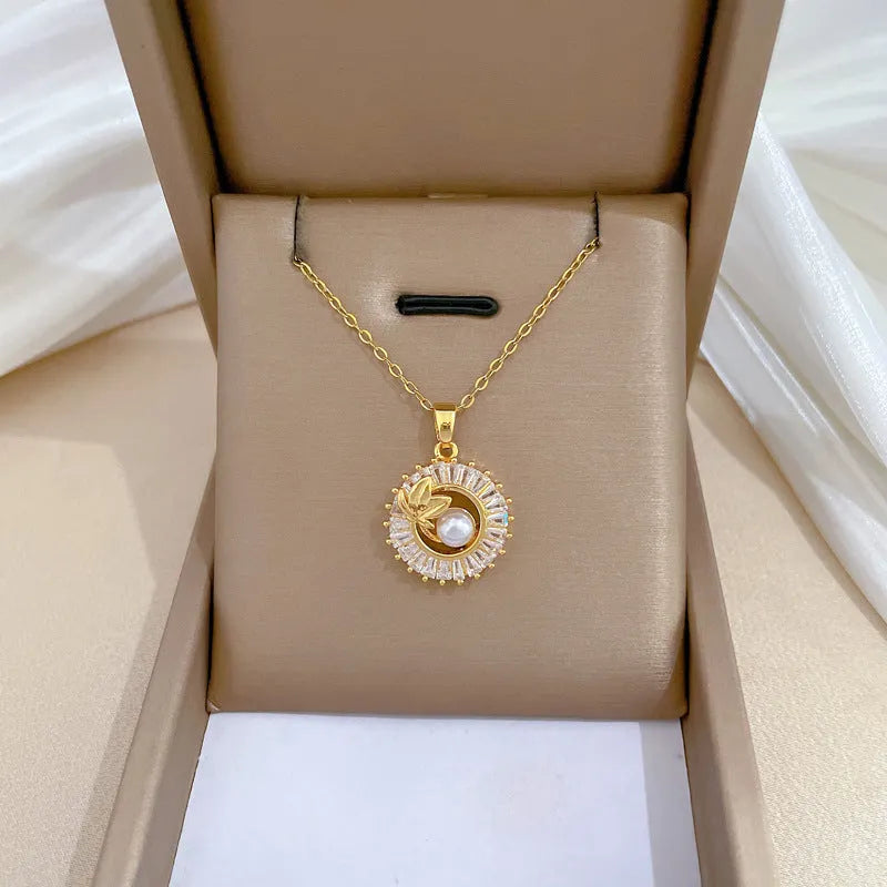 Titanium steel square diamond leaves necklace and matching stud earrings set with copper pendant and gold plating.