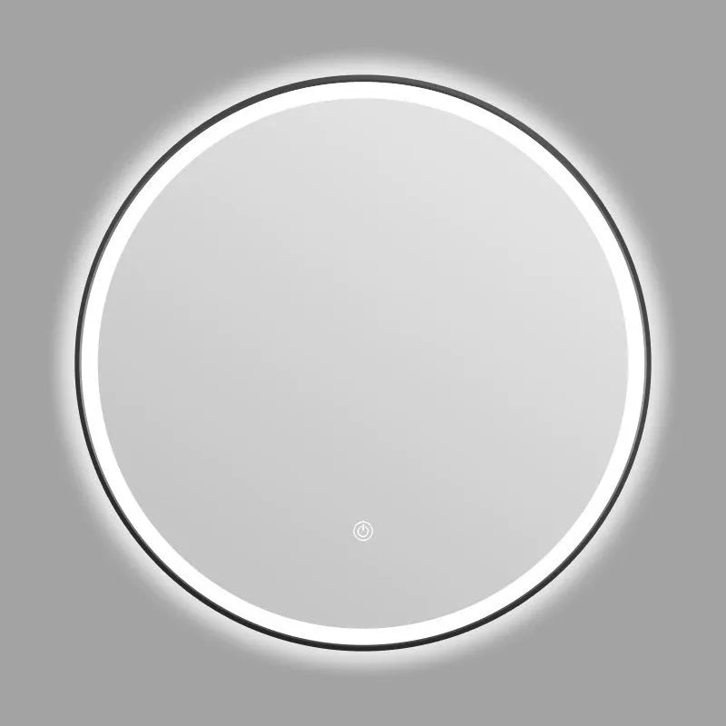 Black frame round smart LED bathroom mirror with touch control mounted on wall