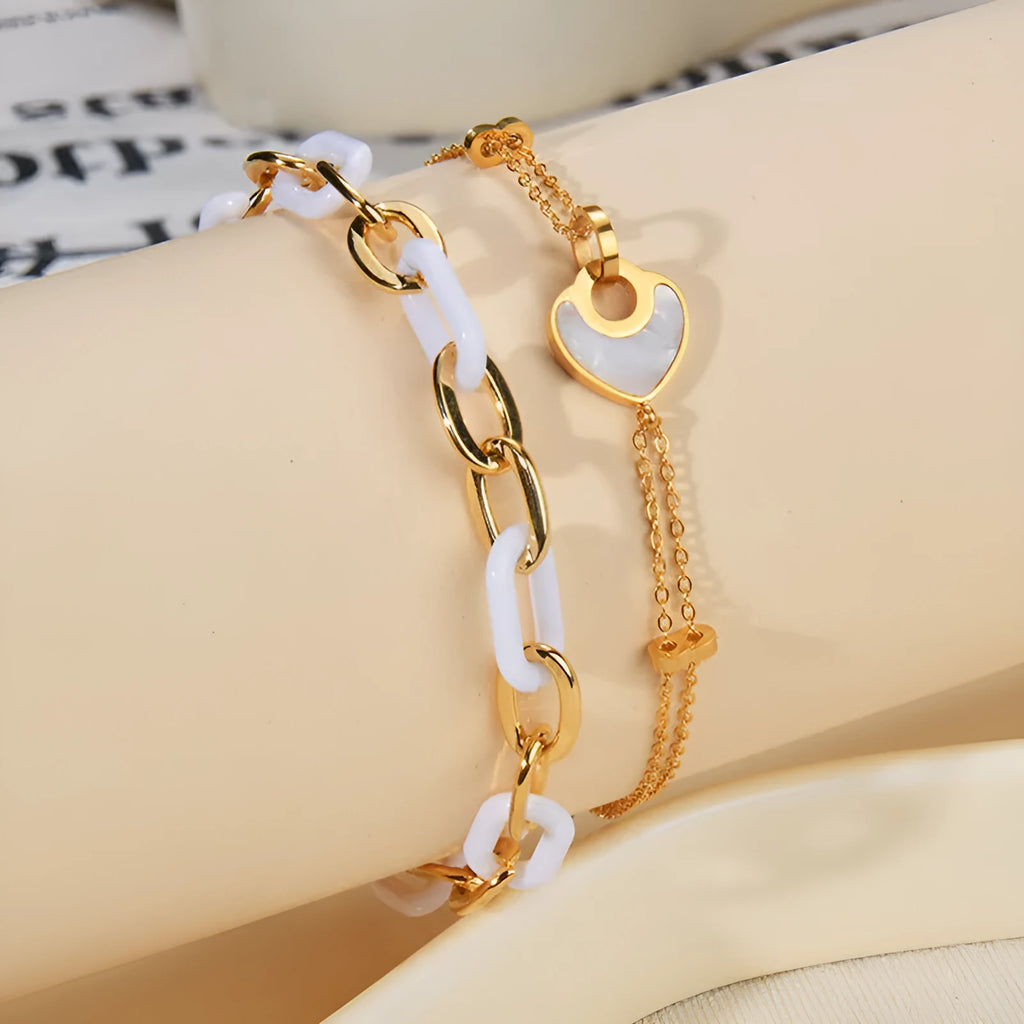 Women's stainless steel resin bracelet with double-layered loving heart design
