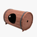 DIY wine barrel shaped cat bed made from three brown felt panels with binding straps