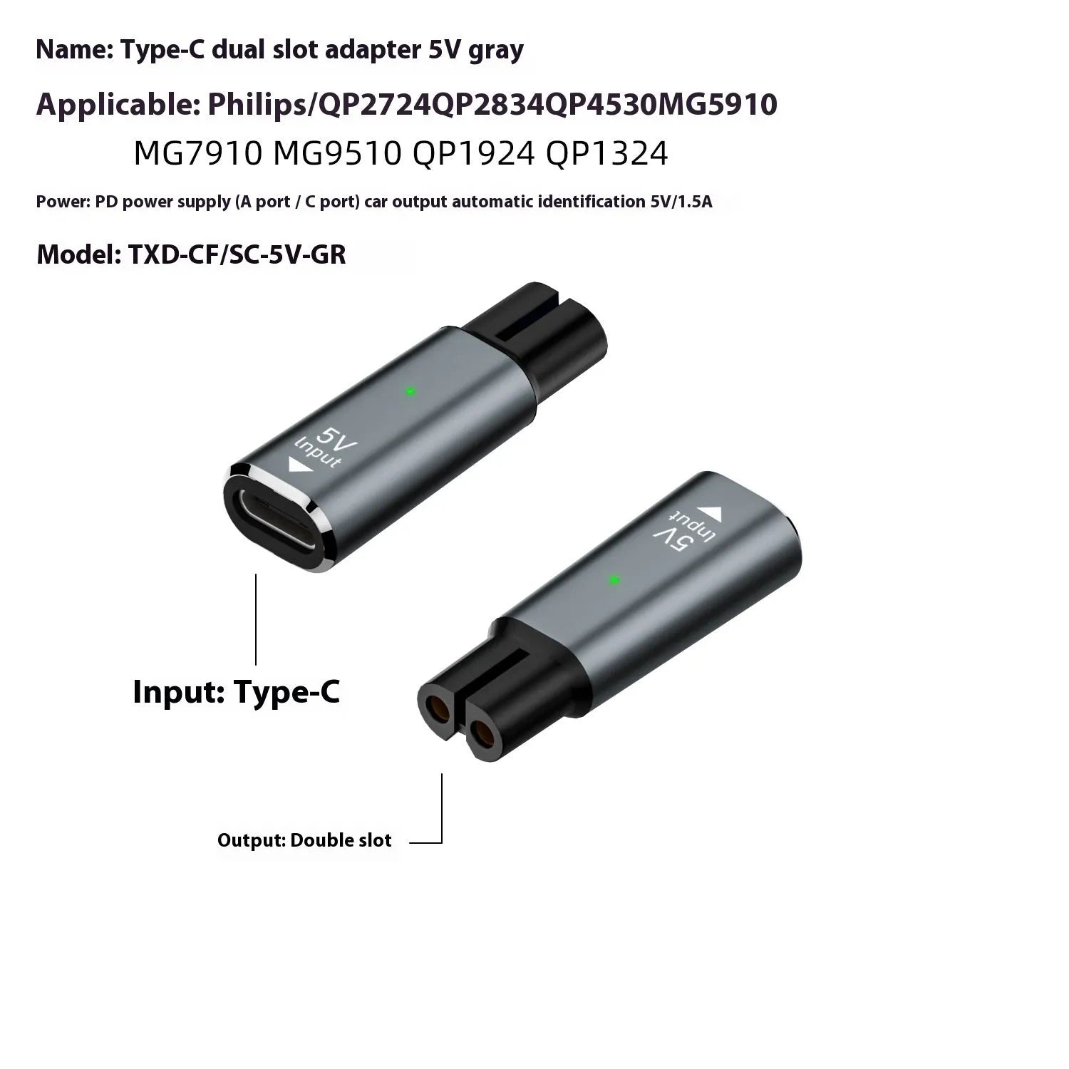 Black USB-C charging adapter for electric shavers and hair clippers on a grey background.