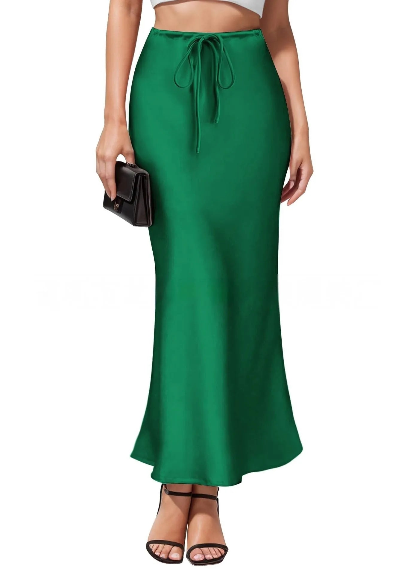 Asymmetric acetate satin skirt in milky white showing high waist design and irregular stitching detail