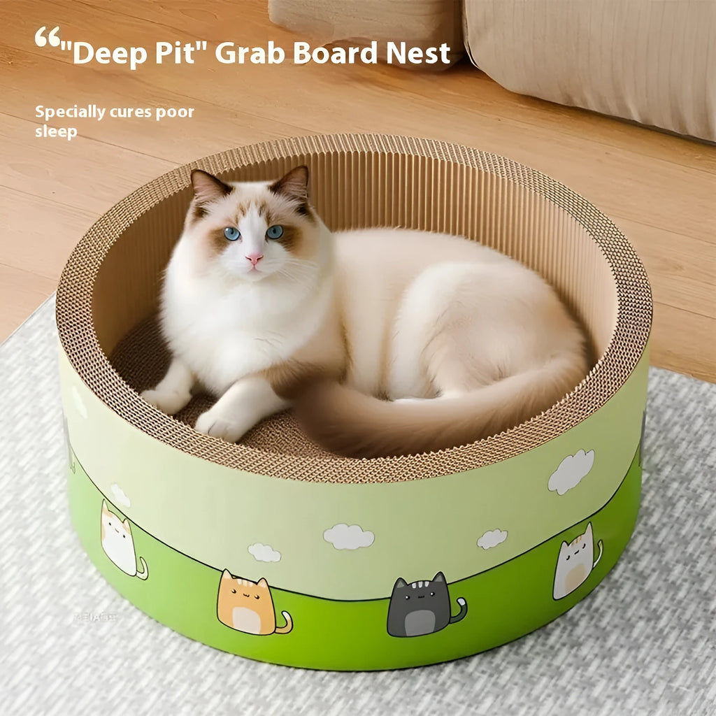 Large round cat scratch board with deep pit texture made from corrugated paper