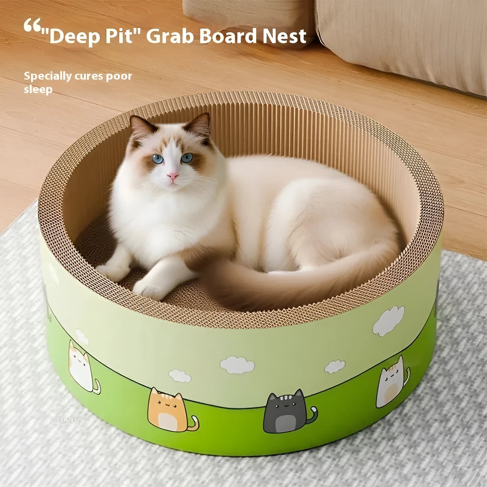 Large round cat scratch board with deep pit texture made from corrugated paper