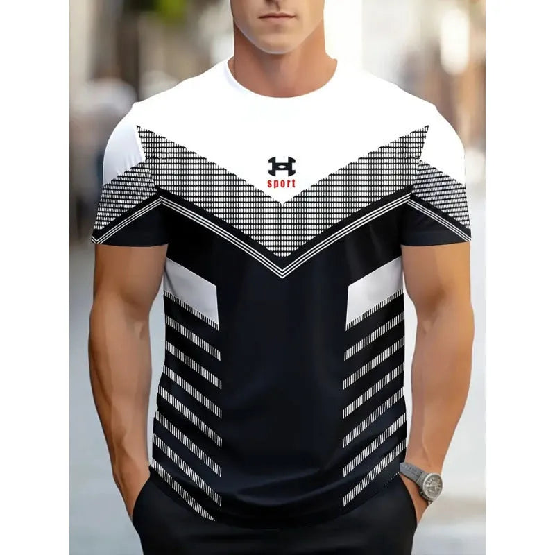 Men's loose fit casual T-shirt with digital 3D printed stripe pattern, short sleeves, polyester fabric