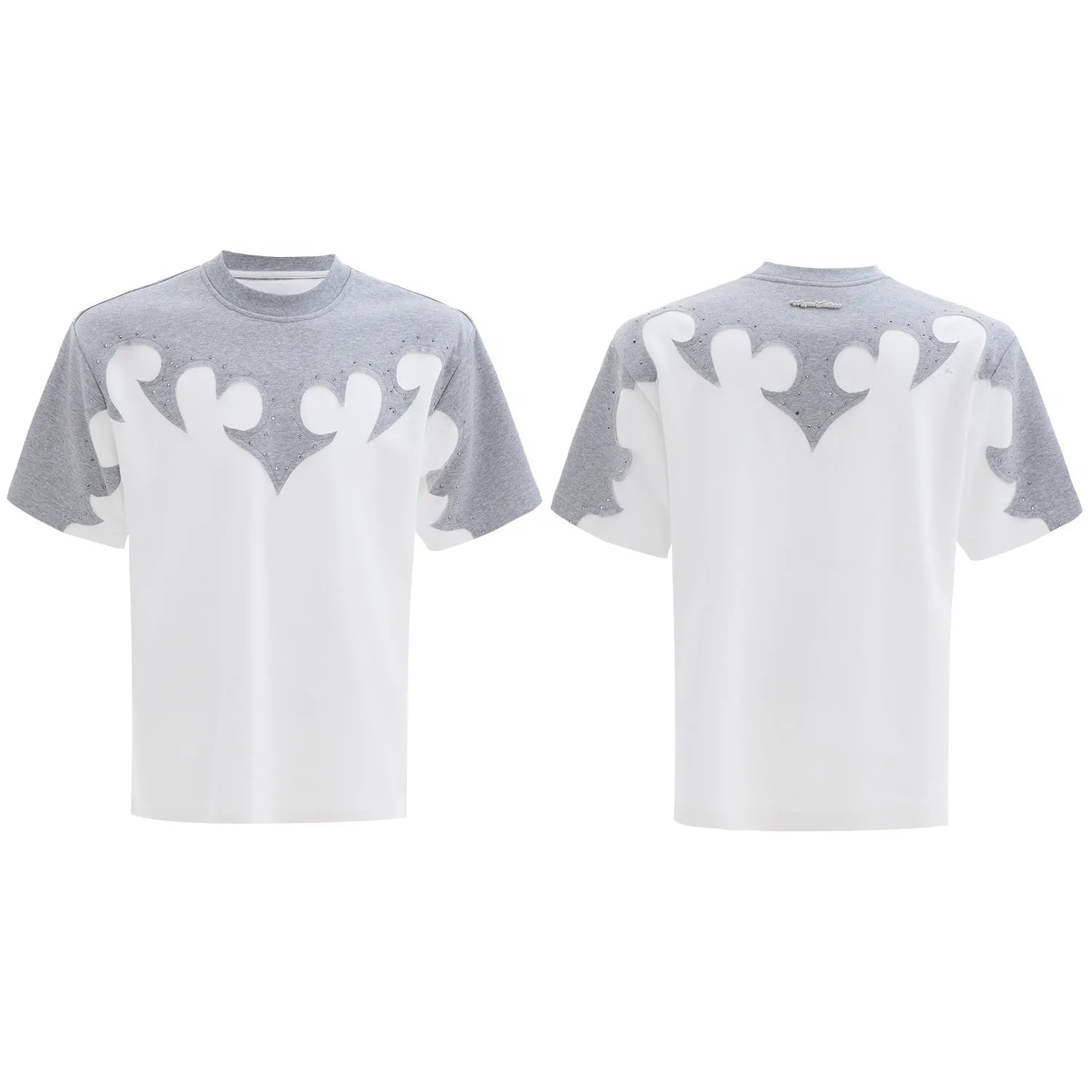Men's red cotton t-shirt with burnt flower embroidery and rhinestone detailing on the front.