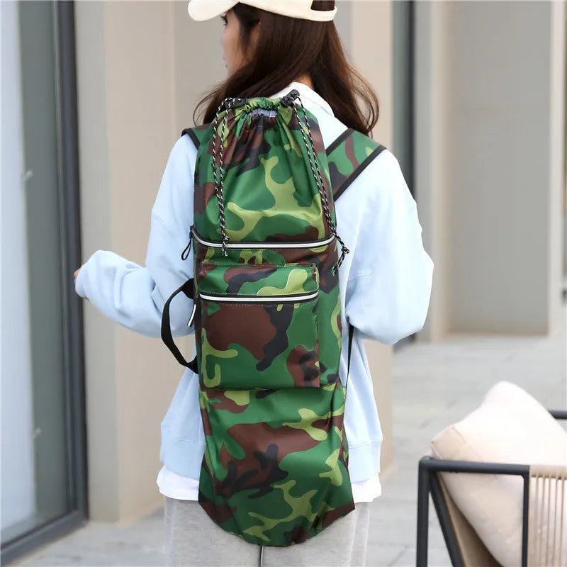 Waterproof nylon skateboard backpack in camouflage colours showing equipment compartments