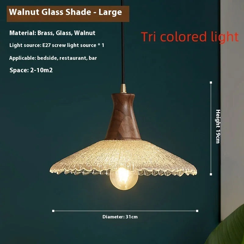 Retro-style brass and glass chandelier with wood body for ceiling mounting in restaurants.