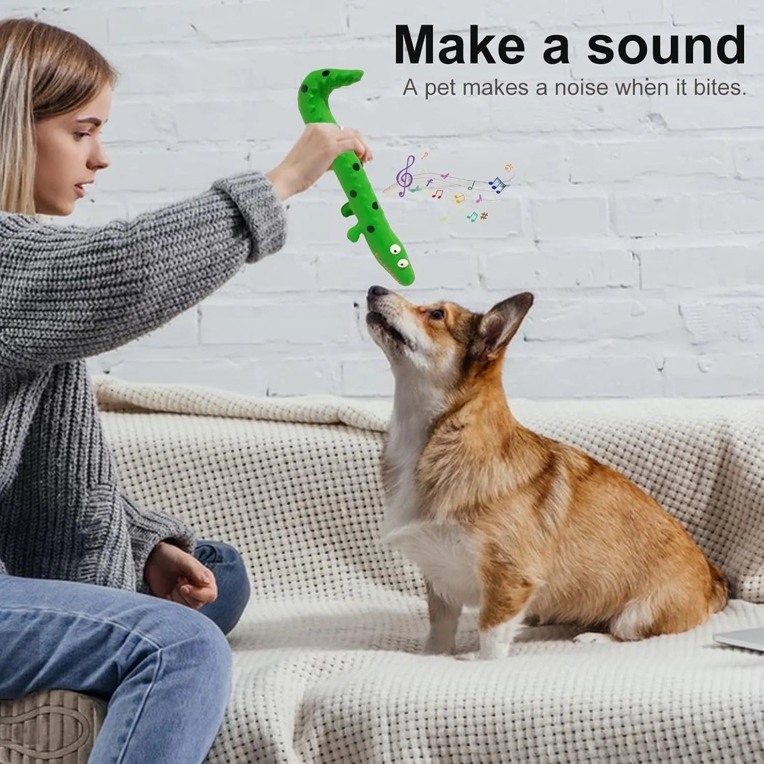 Green lizard-shaped squeaky dog chew toy with cartoon design for aggressive chewers