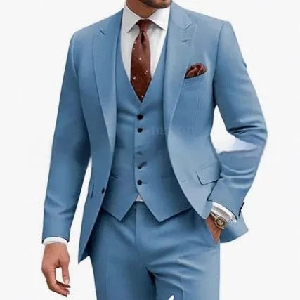 Men's slim fit three-piece suit in a bright red colour, featuring a jacket, waistcoat, and trousers.