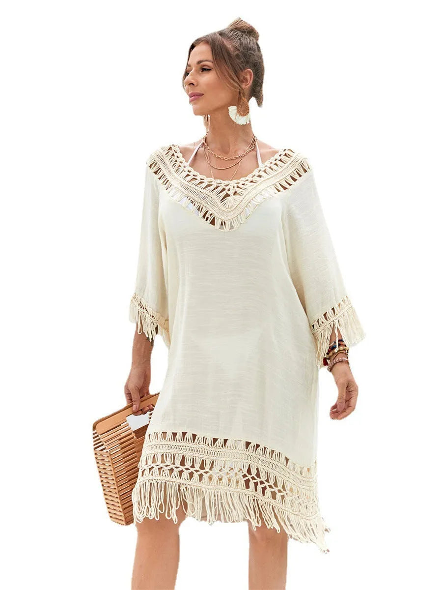 Apricot hand-crocheted women's beach dress with polyester lining for swimming and water sports